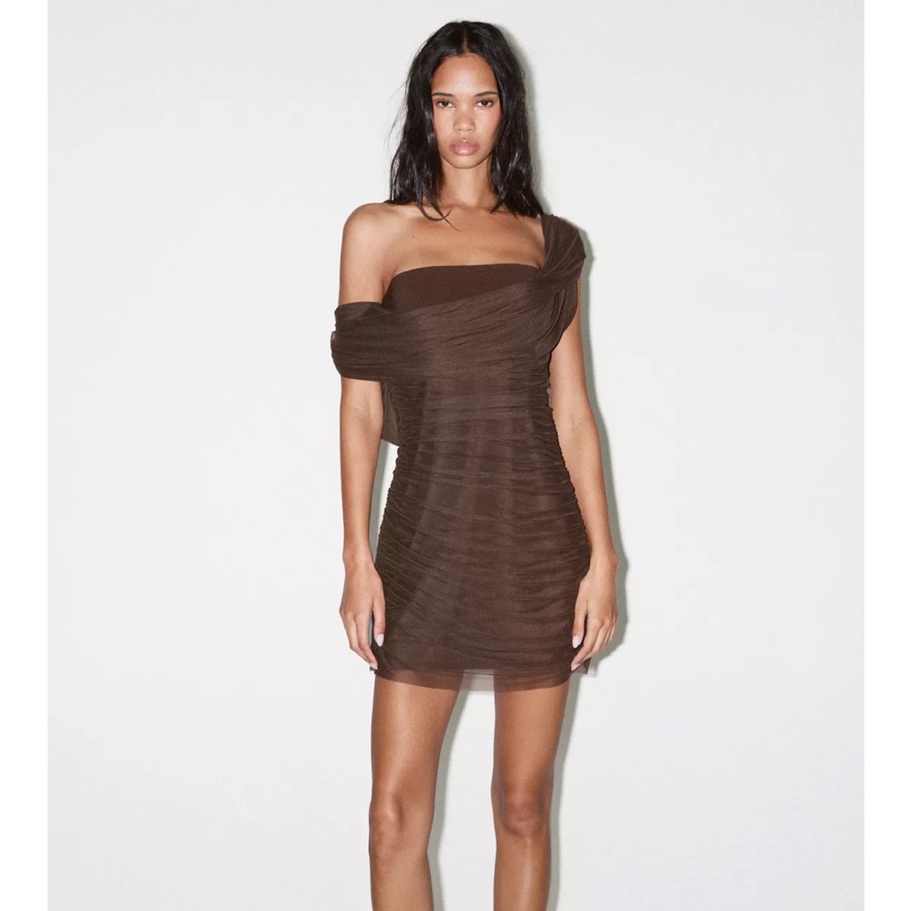 Zara NWT asymmetrical combination mini dress chocolate 4772/351